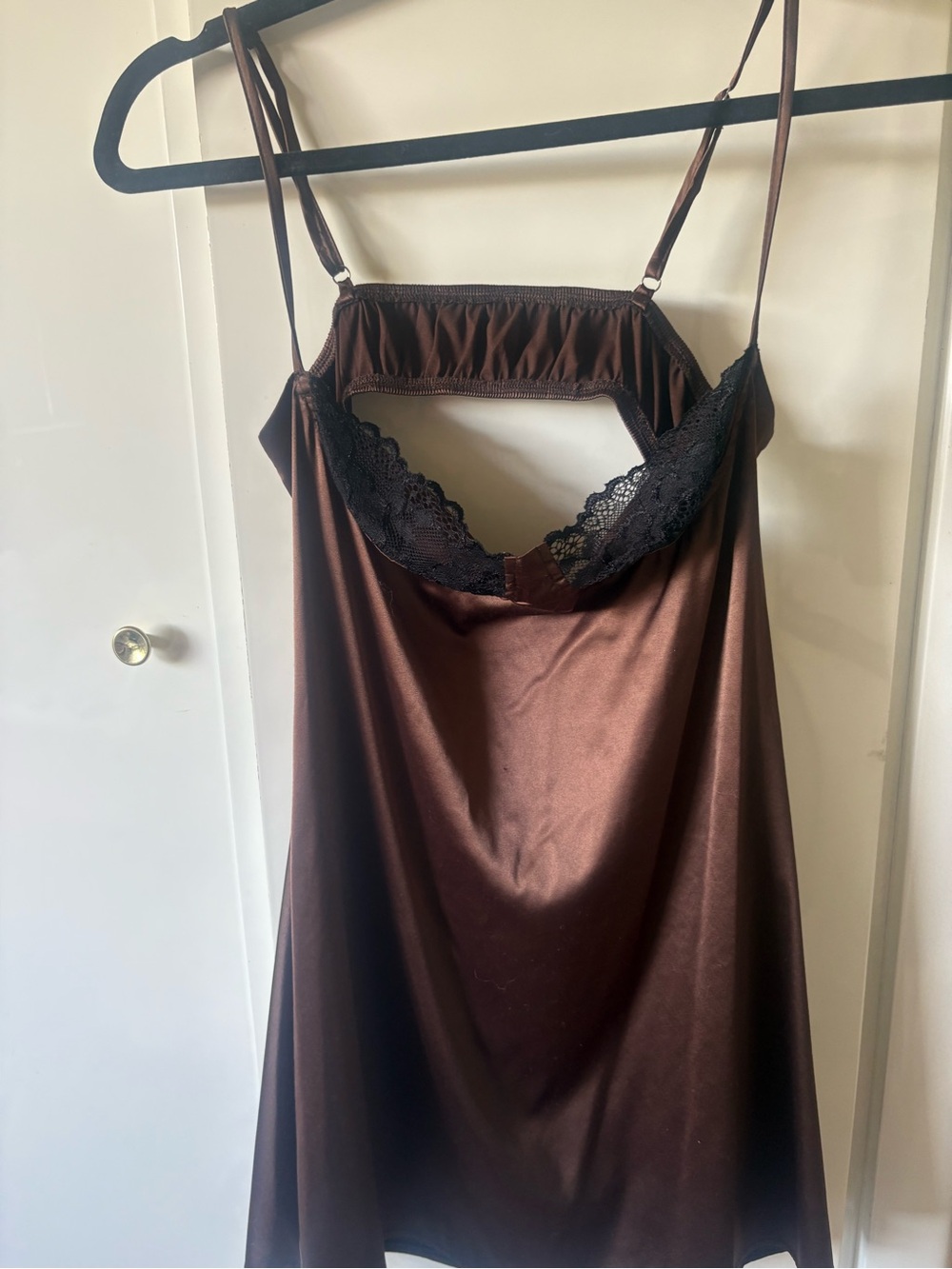 Satin Lace Trim Chemise Slip in Brown